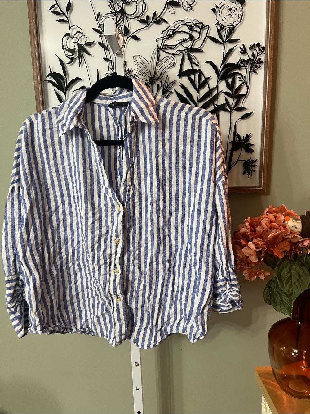 Zara Blue White Striped Linen Blend Lightweight Button Up Shirt Size Large